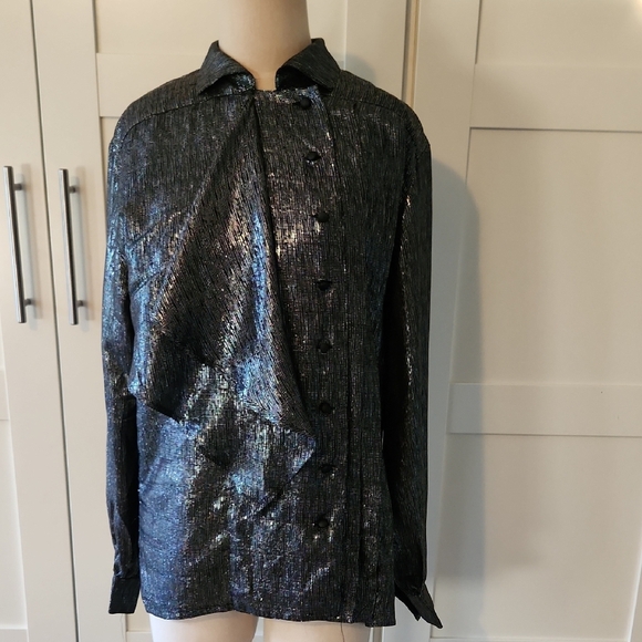 Escada Tops - Escada By Margaretha Ley Vintage Silk Black Silver Metallic Women's Blouse Sz 34